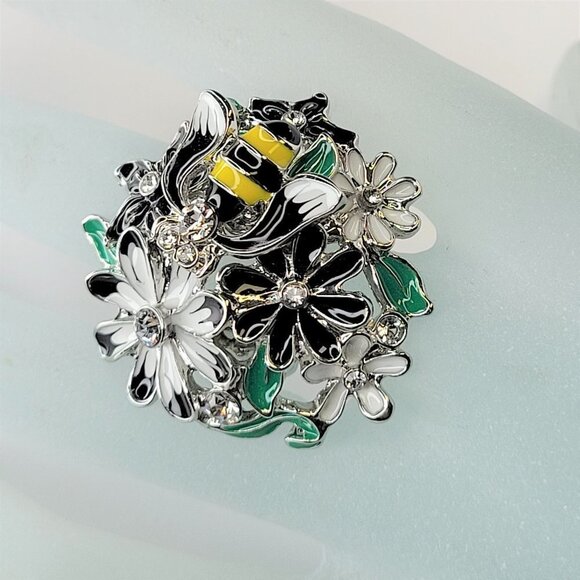 PETALS and Bee Stretch Ring Enamel Multi Dimensional White Black Stretch Band - Picture 5 of 11